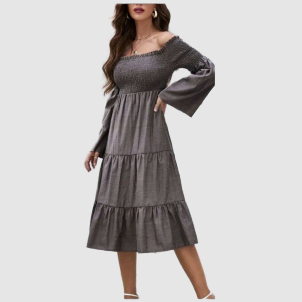 Charcoal Gray Off Shoulder Smocked Tiered Bell Sleeve Midi Dress Size XS NIP